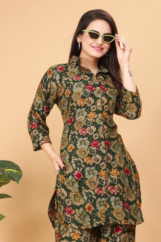 Dark Green Floral Print Co-Ord Set for Women – Stylish & Trendy