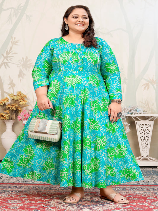 Plus Size Cyan Green Bandhani Print Maxi Gown – Ethnic Flared Dress for Women