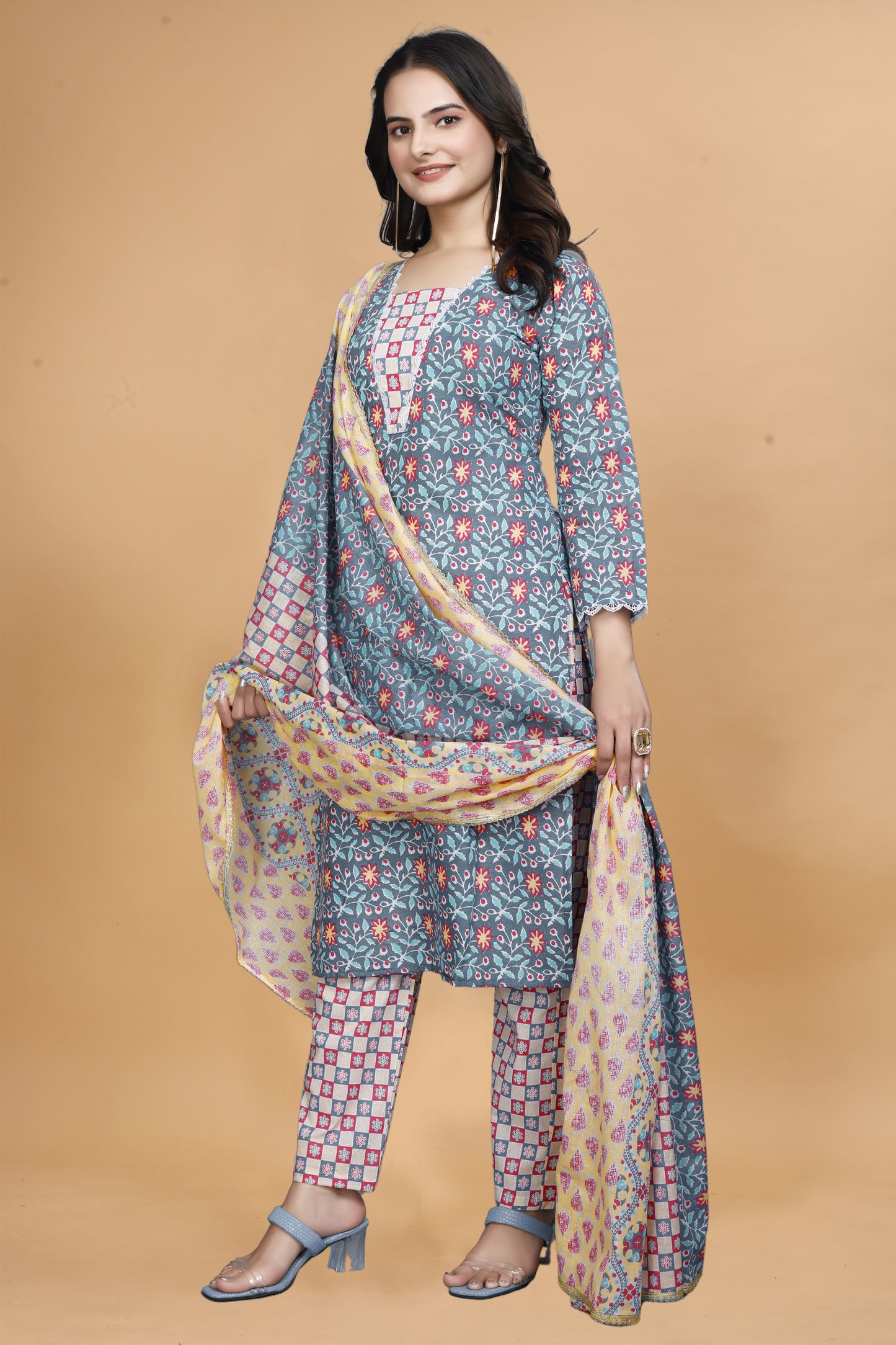 Cyan Blue Cotton Kurta Pant Set with Floral Print & Dupatta