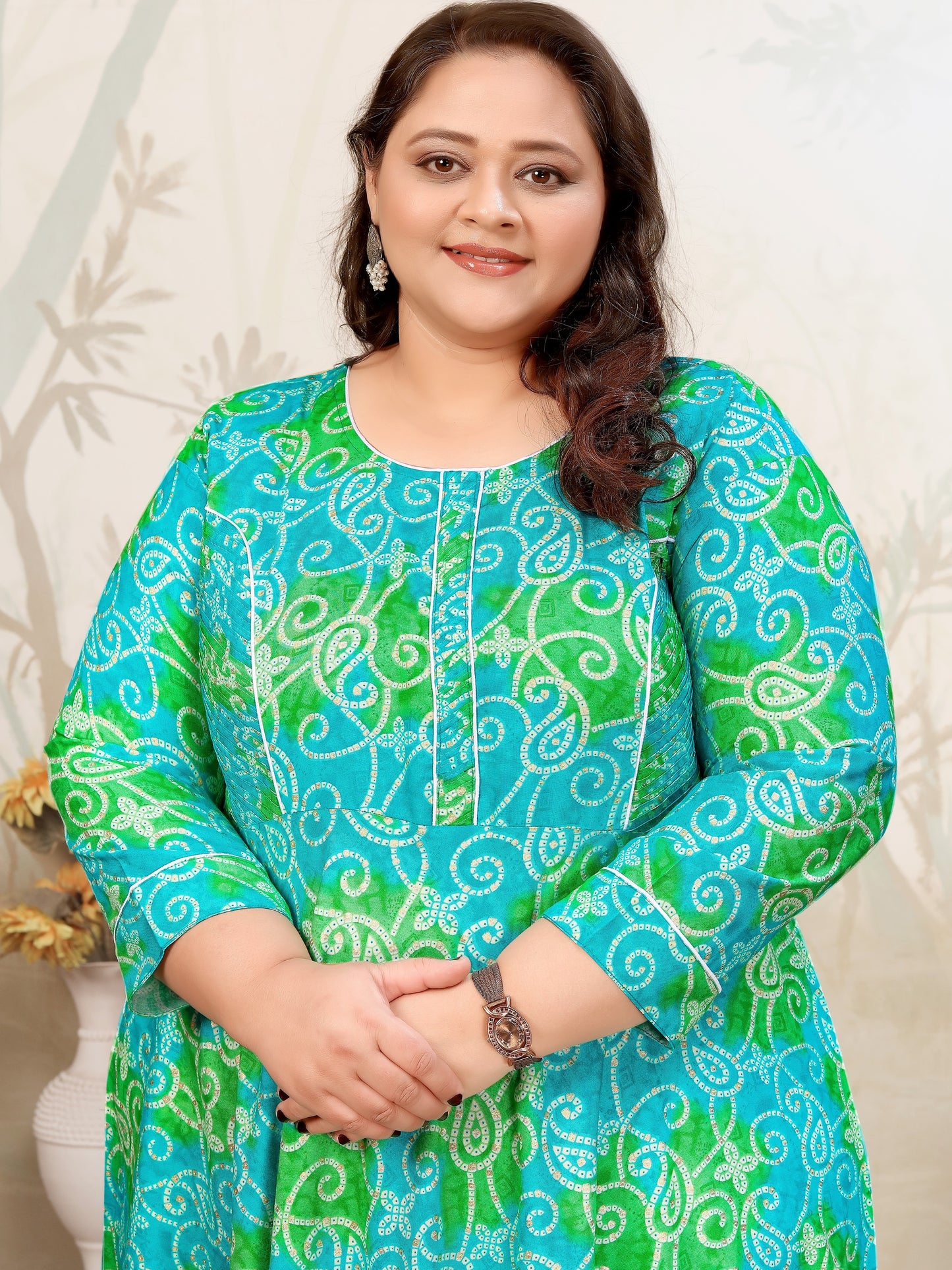 Plus Size Cyan Green Bandhani Print Maxi Gown – Ethnic Flared Dress for Women