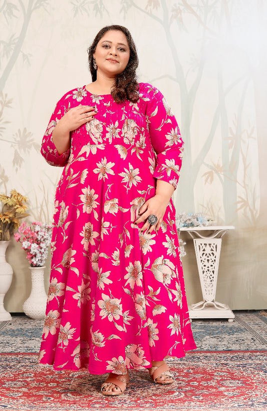 Plus Size Pink Floral Maxi Gown – Elegant Long Dress for Women