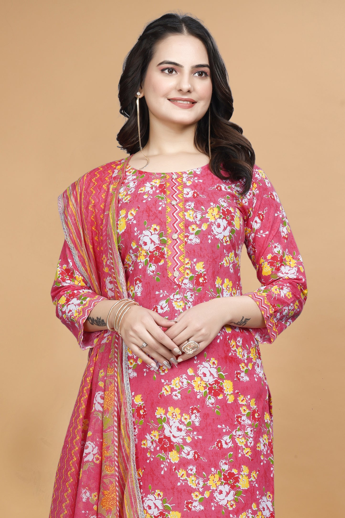 Pink Cotton Kurta Pant Set with Floral Print & Dupatta