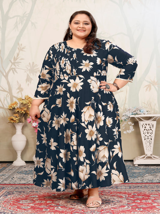 Plus Size Navy Blue Floral Maxi Gown – Elegant Long Dress for Women