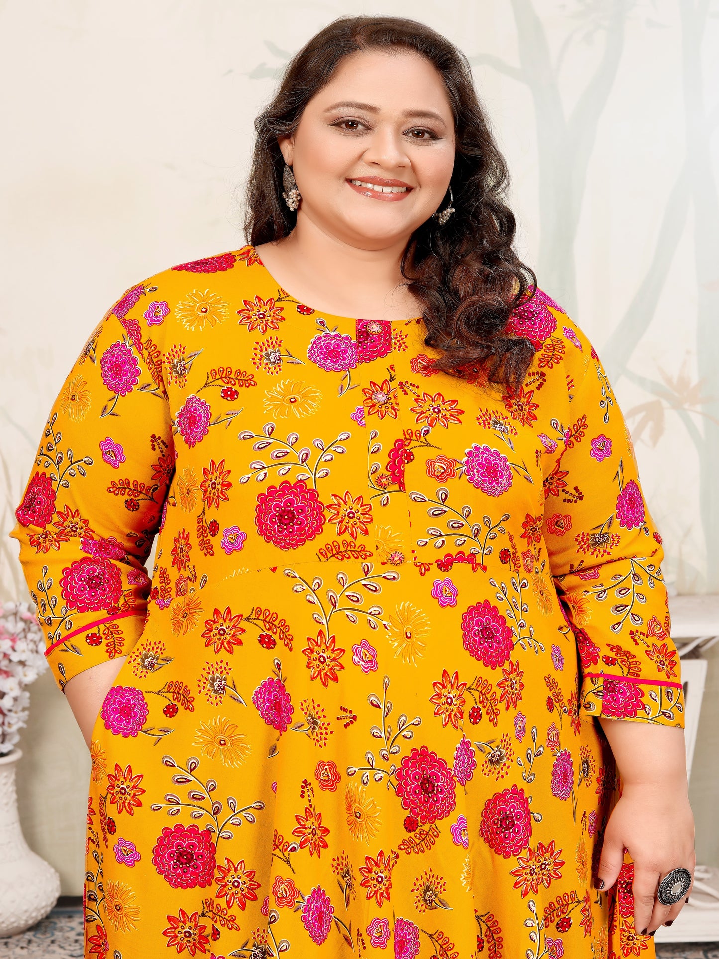 Plus Size Orange Floral Print Rayon Gown – Elegant & Breathable