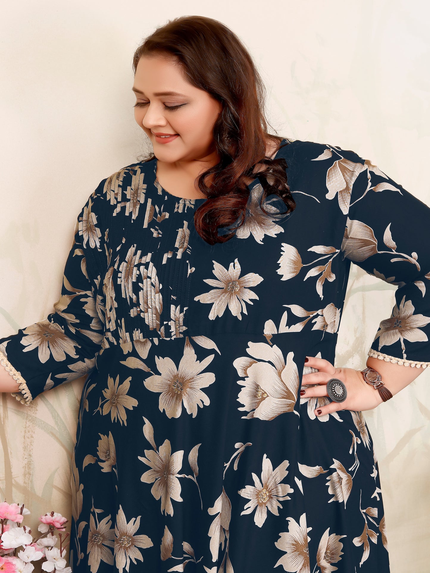 Plus Size Navy Blue Floral Maxi Gown – Elegant Long Dress for Women