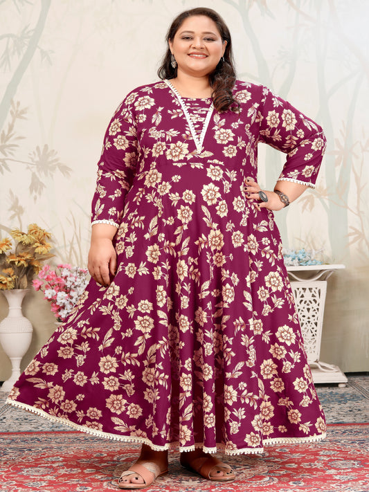 Plus Size Magenta Floral Maxi Gown – Elegant Long Dress for Women
