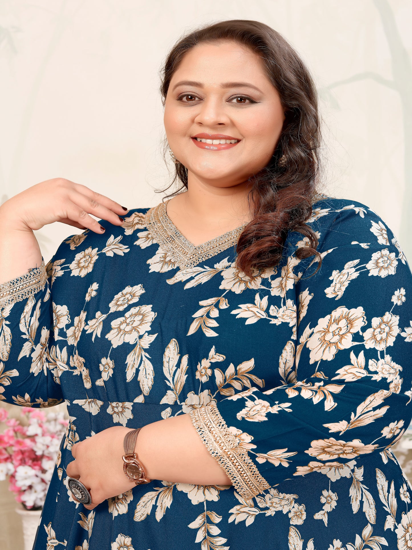 Plus Size Cyan Bue Floral Maxi Gown – Elegant Long Dress for Women