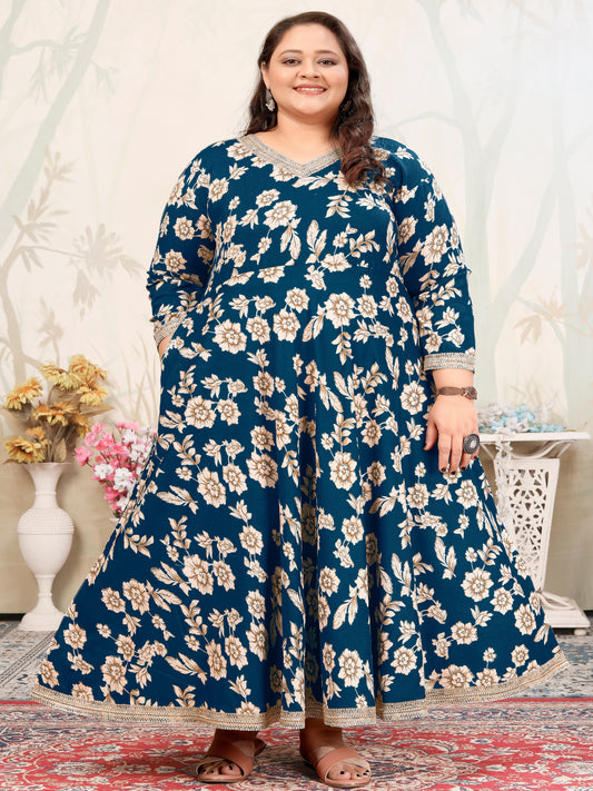 Plus Size Cyan Bue Floral Maxi Gown – Elegant Long Dress for Women