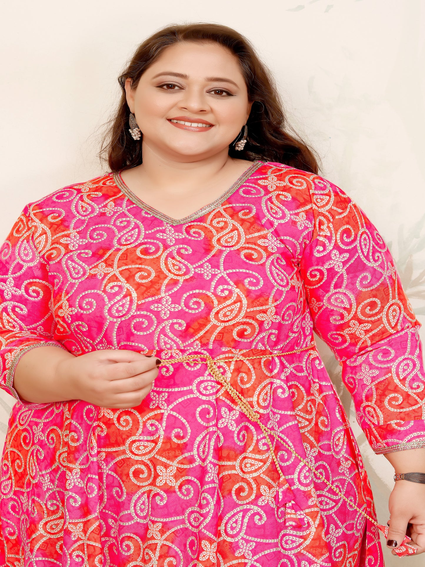 Plus Size Orange & Pink Bandhani Print Gown – Ethnic Flare for Women