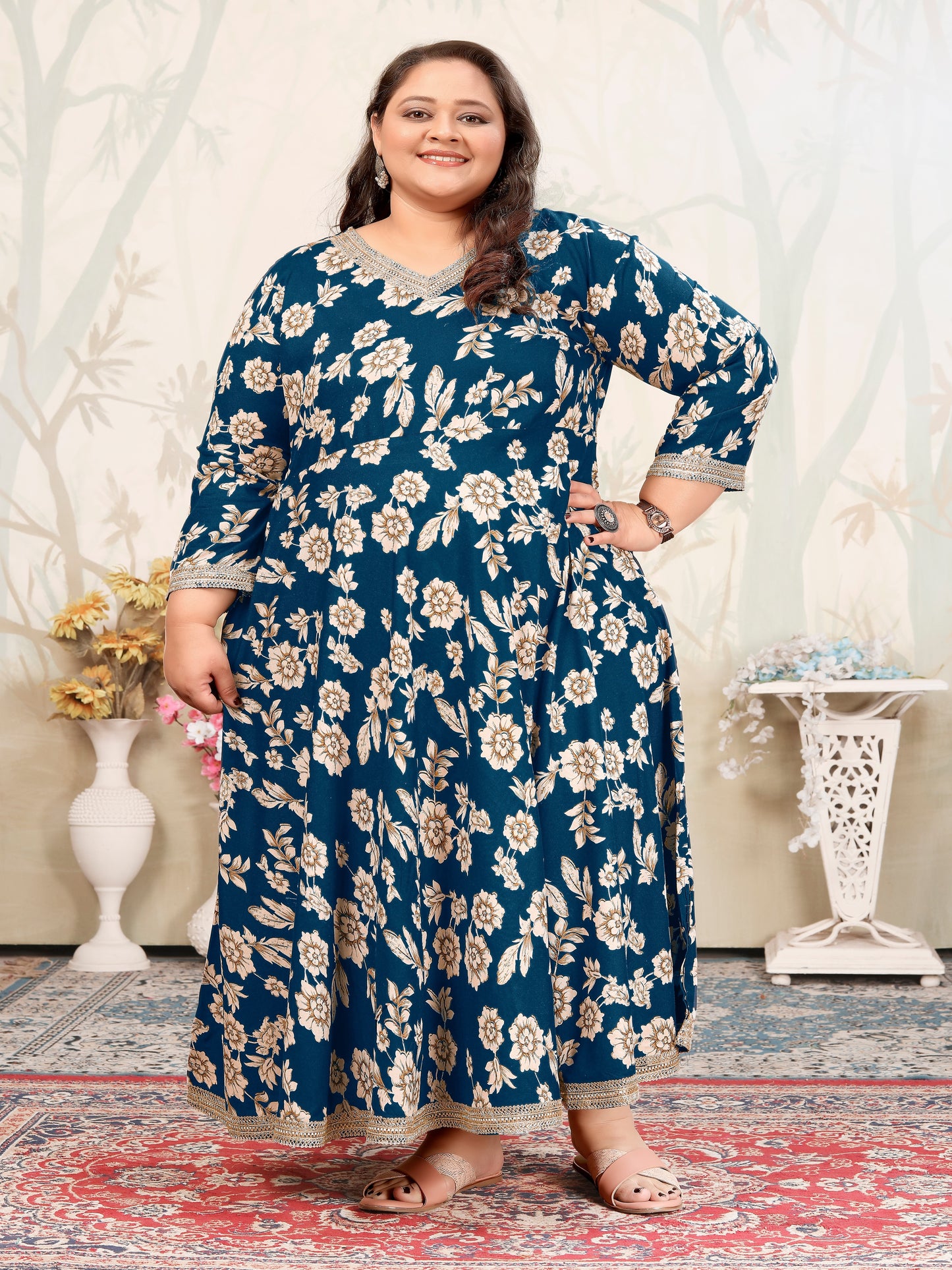 Plus Size Cyan Bue Floral Maxi Gown – Elegant Long Dress for Women
