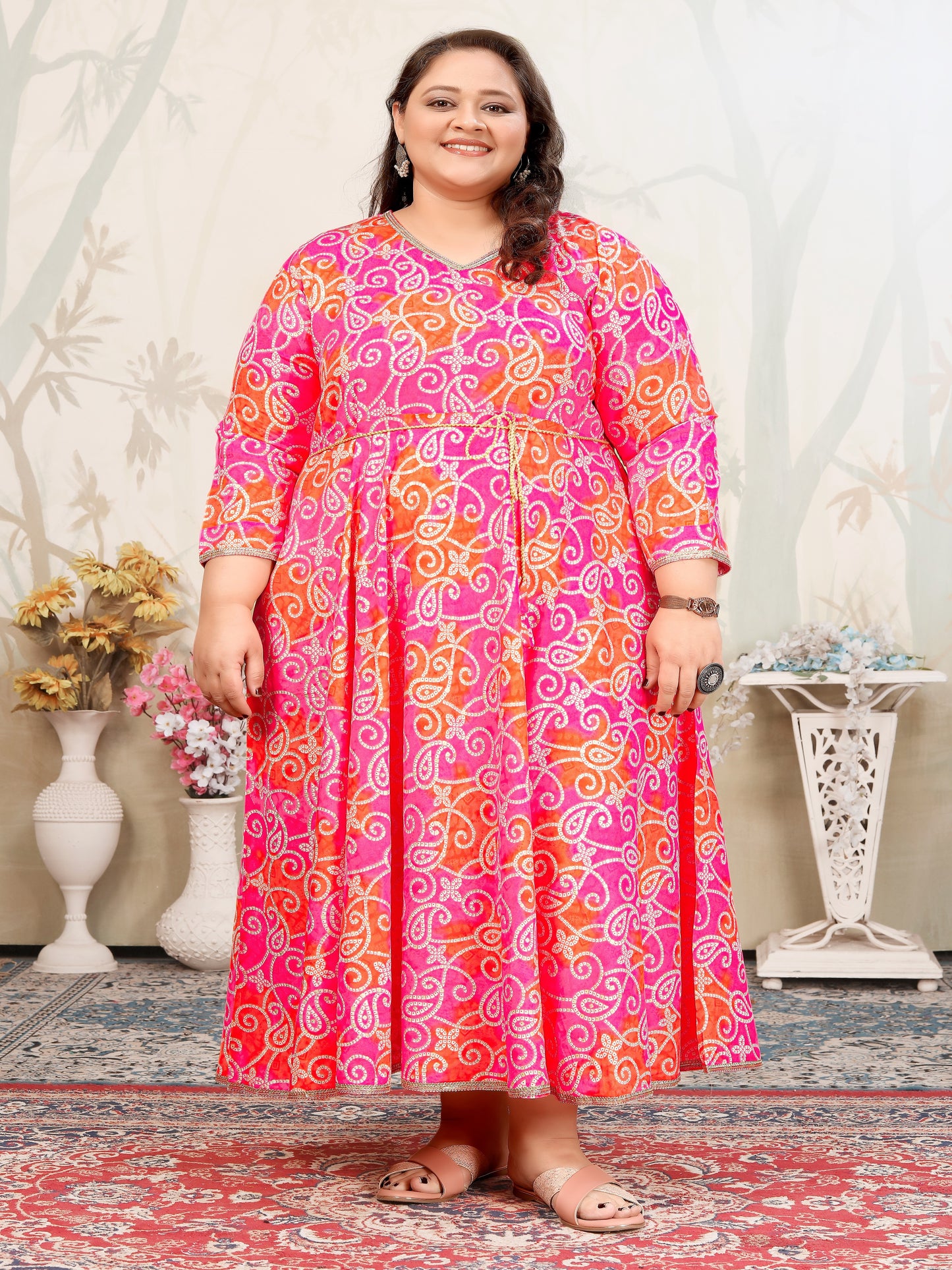 Plus Size Orange & Pink Bandhani Print Gown – Ethnic Flare for Women