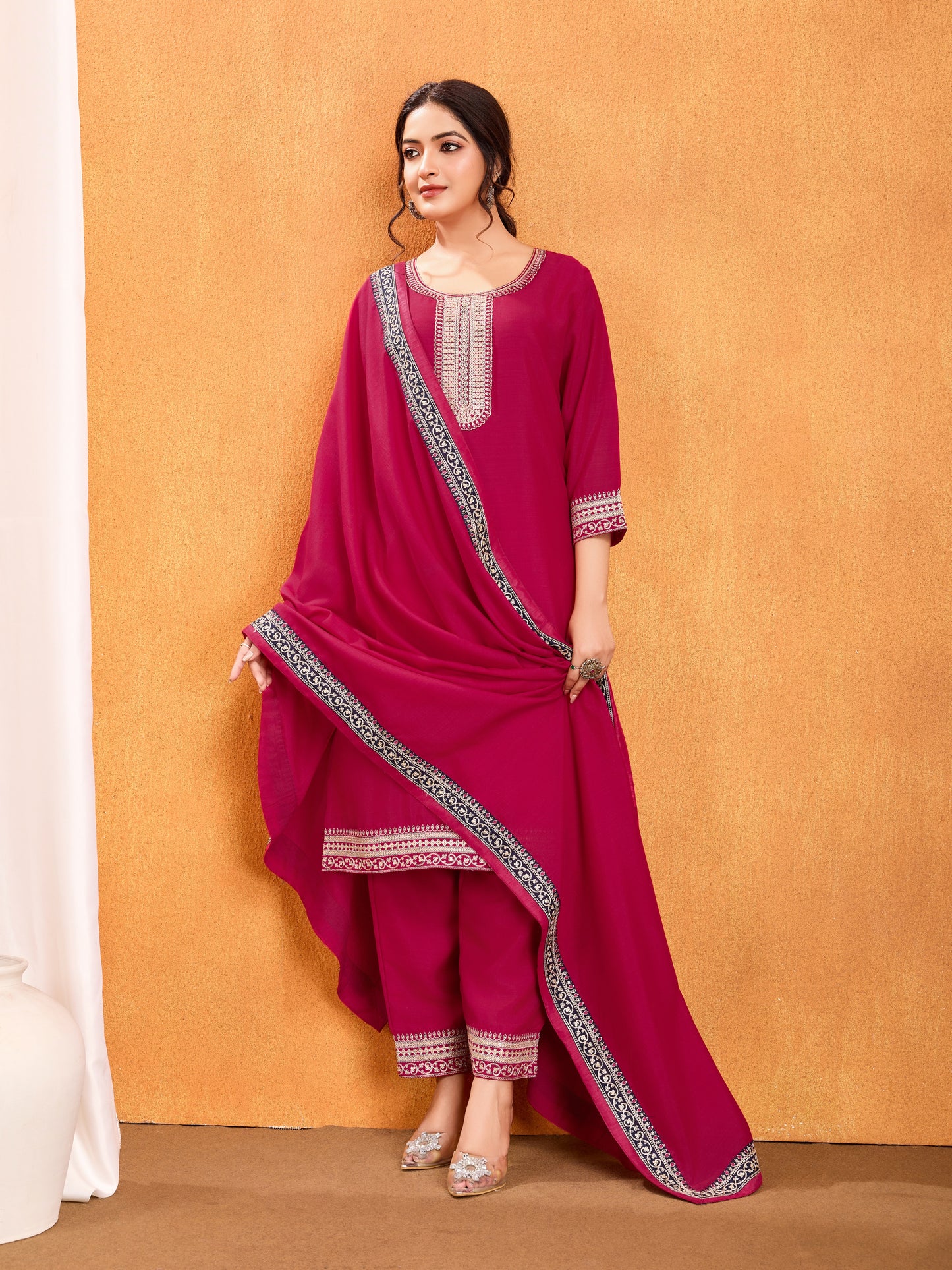 Magenta Embroidery Work Kurta Pant Dupatta Set in Vichitra Silk Fabric | Elegant & Traditional