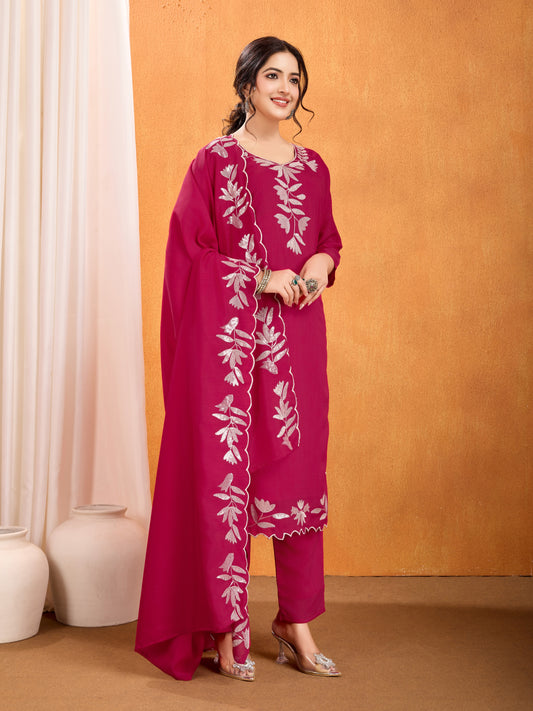 Magenta Embroidery Sequined Cut Work Kurta Pant Dupatta Set for Women – Elegant & Glamorous