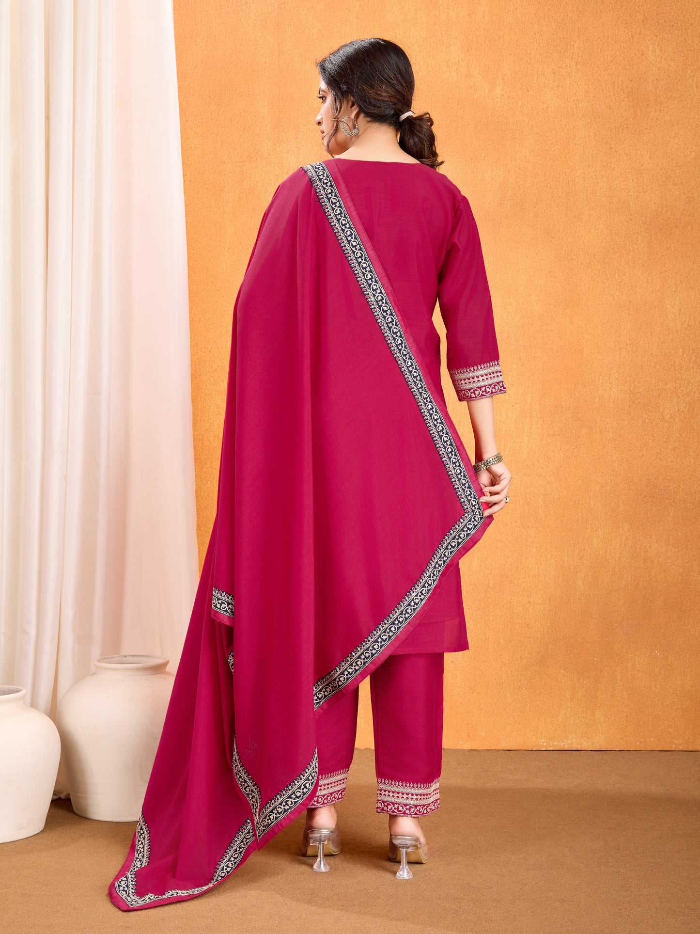Magenta Embroidery Work Kurta Pant Dupatta Set in Vichitra Silk Fabric | Elegant & Traditional