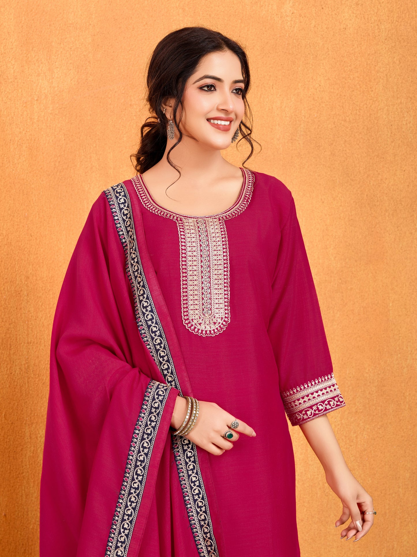 Magenta Embroidery Work Kurta Pant Dupatta Set in Vichitra Silk Fabric | Elegant & Traditional