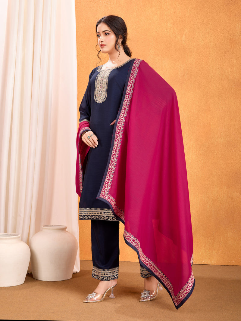 Navy Blue Embroidery Work Kurta Pant Dupatta Set in Vichitra Silk Fabric | Elegant & Traditional