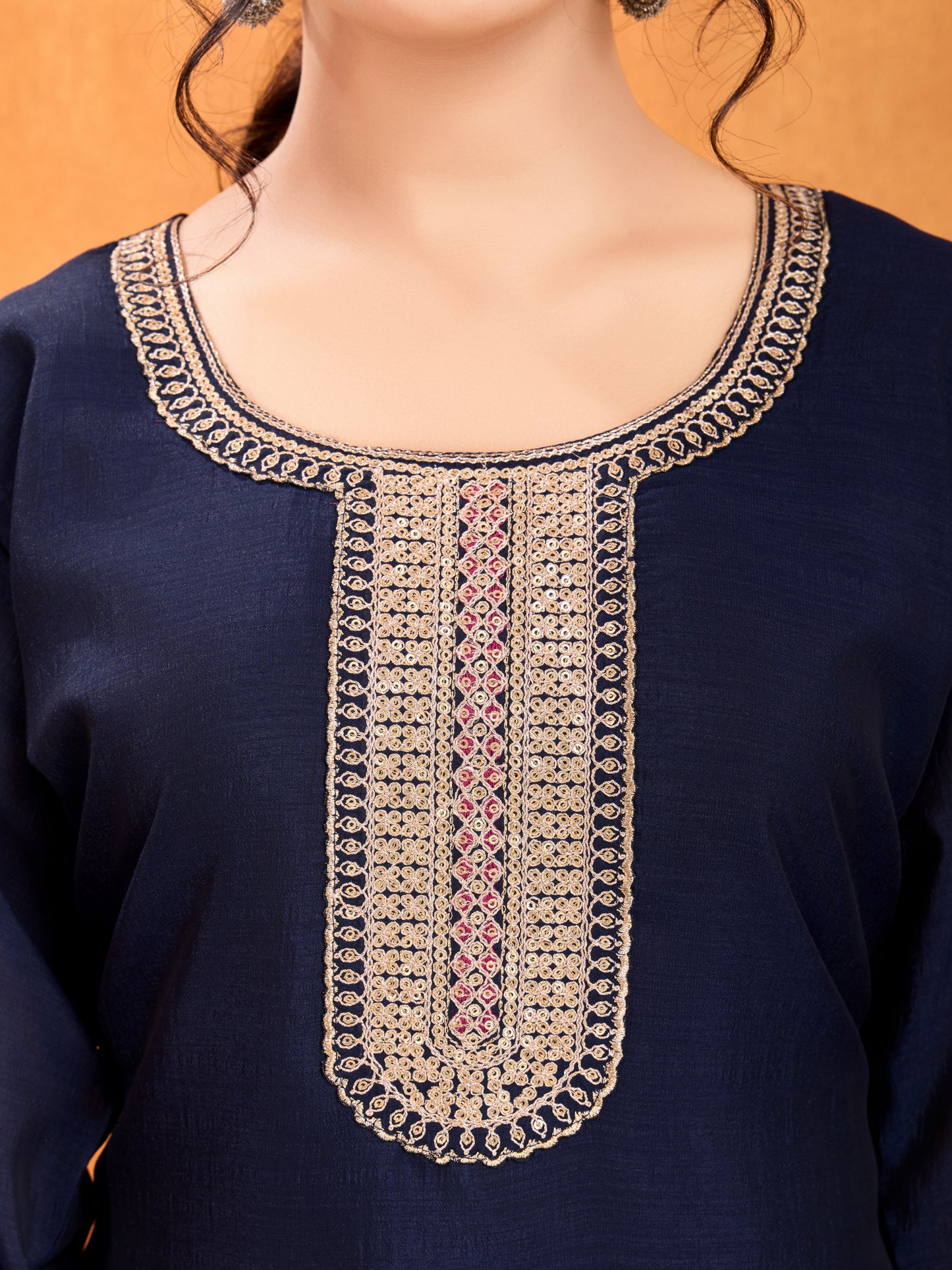 Navy Blue Embroidery Work Kurta Pant Dupatta Set in Vichitra Silk Fabric | Elegant & Traditional