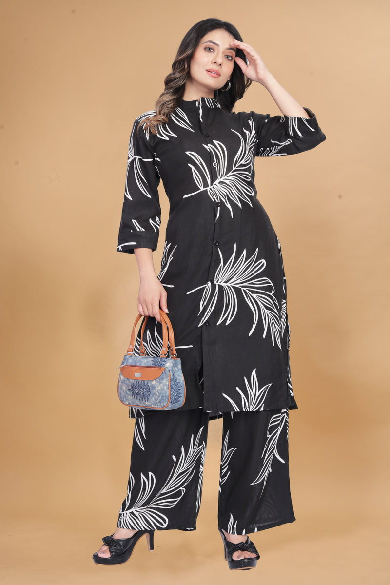 Black Leaf Print Kurta Palazzo Set for Women | Elegant & Chic Outfit