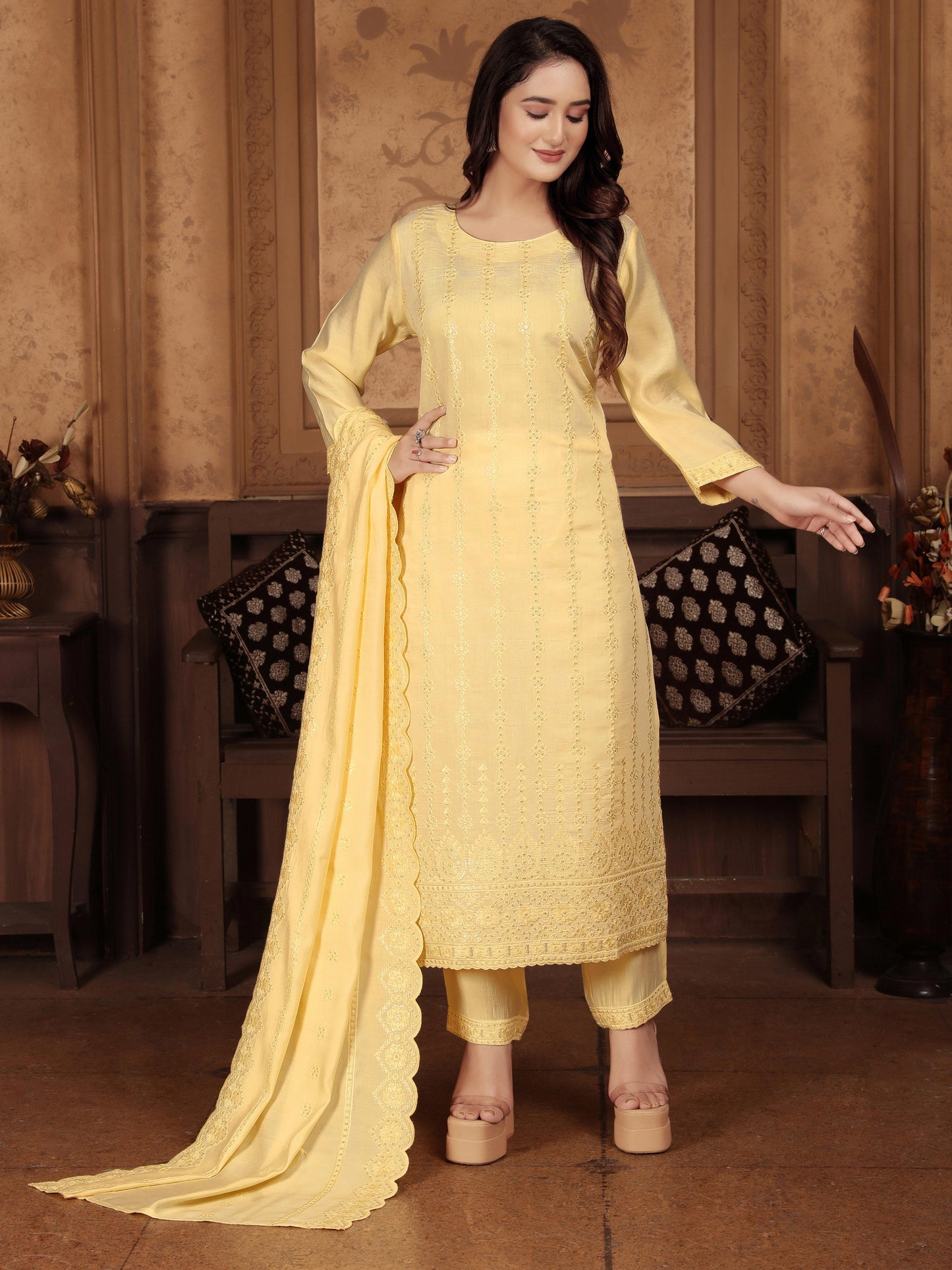 Yellow Embroidered Sequinned Kurta Set with Dupatta – Elegant Ethnic Wear for Women