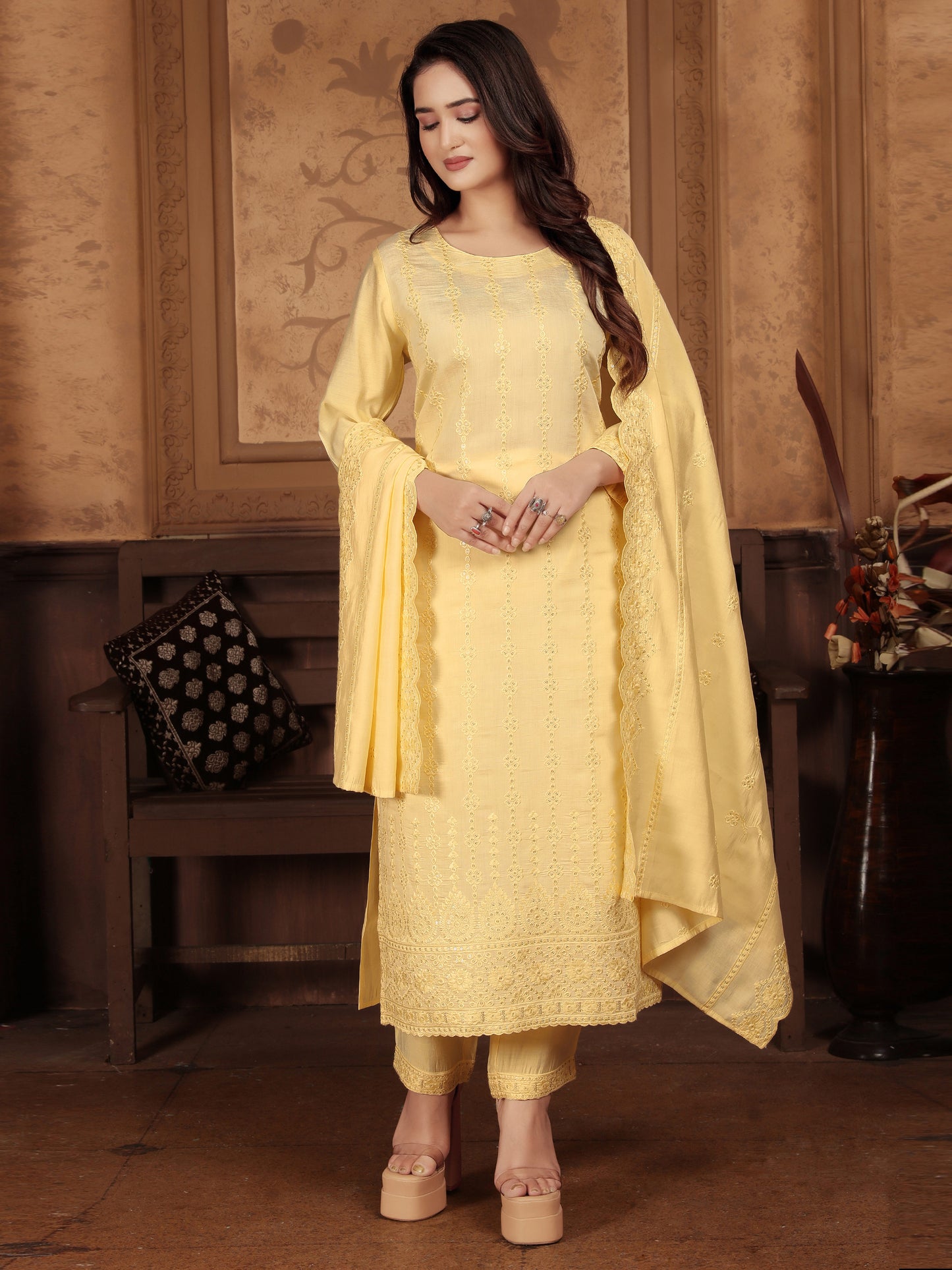 Yellow Embroidered Sequinned Kurta Set with Dupatta – Elegant Ethnic Wear for Women
