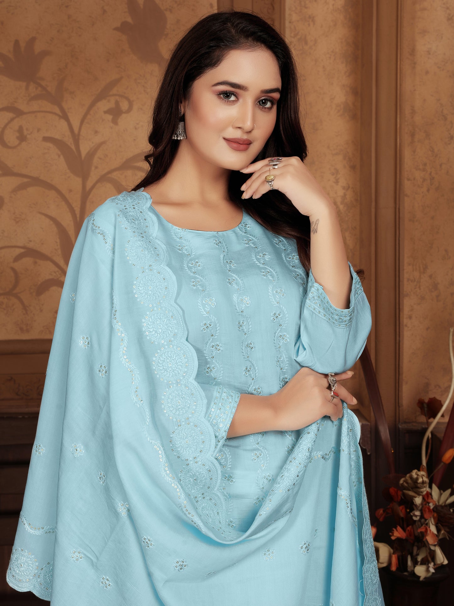 Blue Embroidered Sequinned Kurta Set with Dupatta – Elegant Ethnic Wear for Women