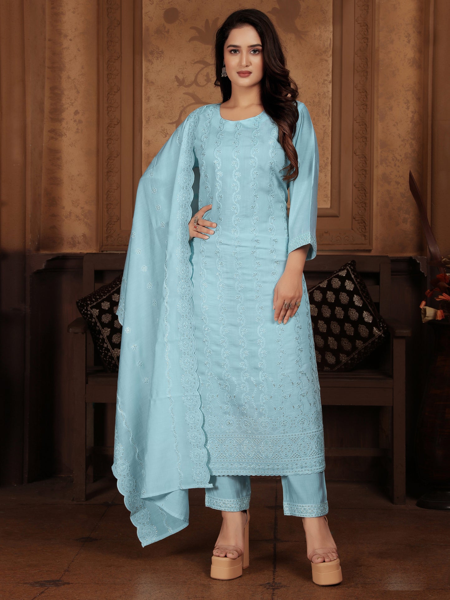Blue Embroidered Sequinned Kurta Set with Dupatta – Elegant Ethnic Wear for Women