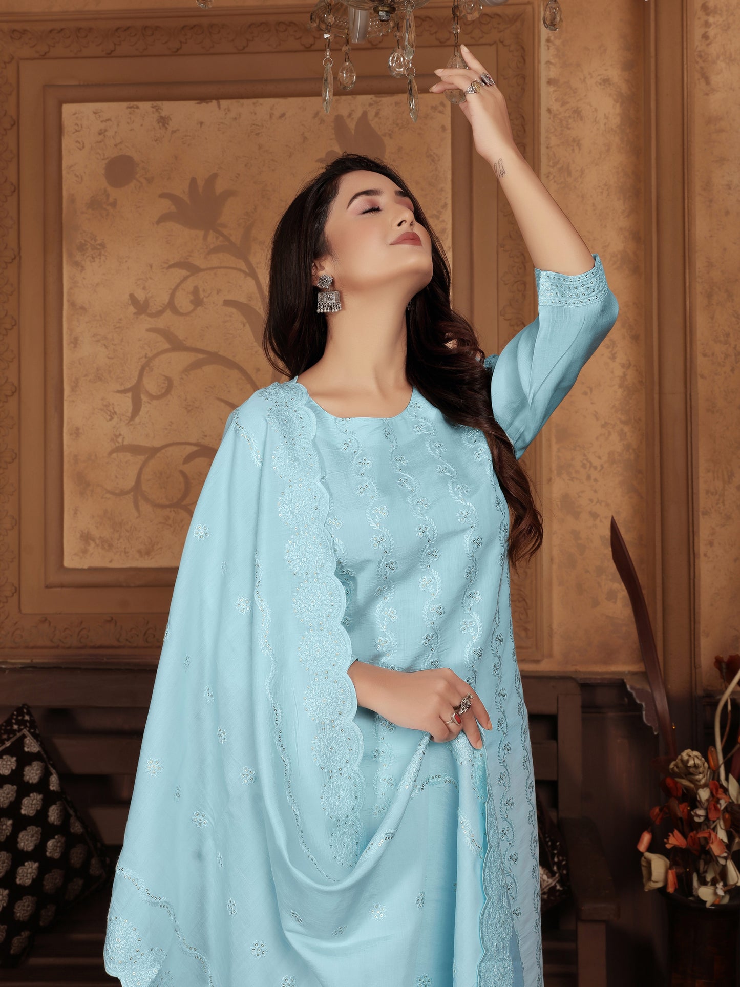 Blue Embroidered Sequinned Kurta Set with Dupatta – Elegant Ethnic Wear for Women