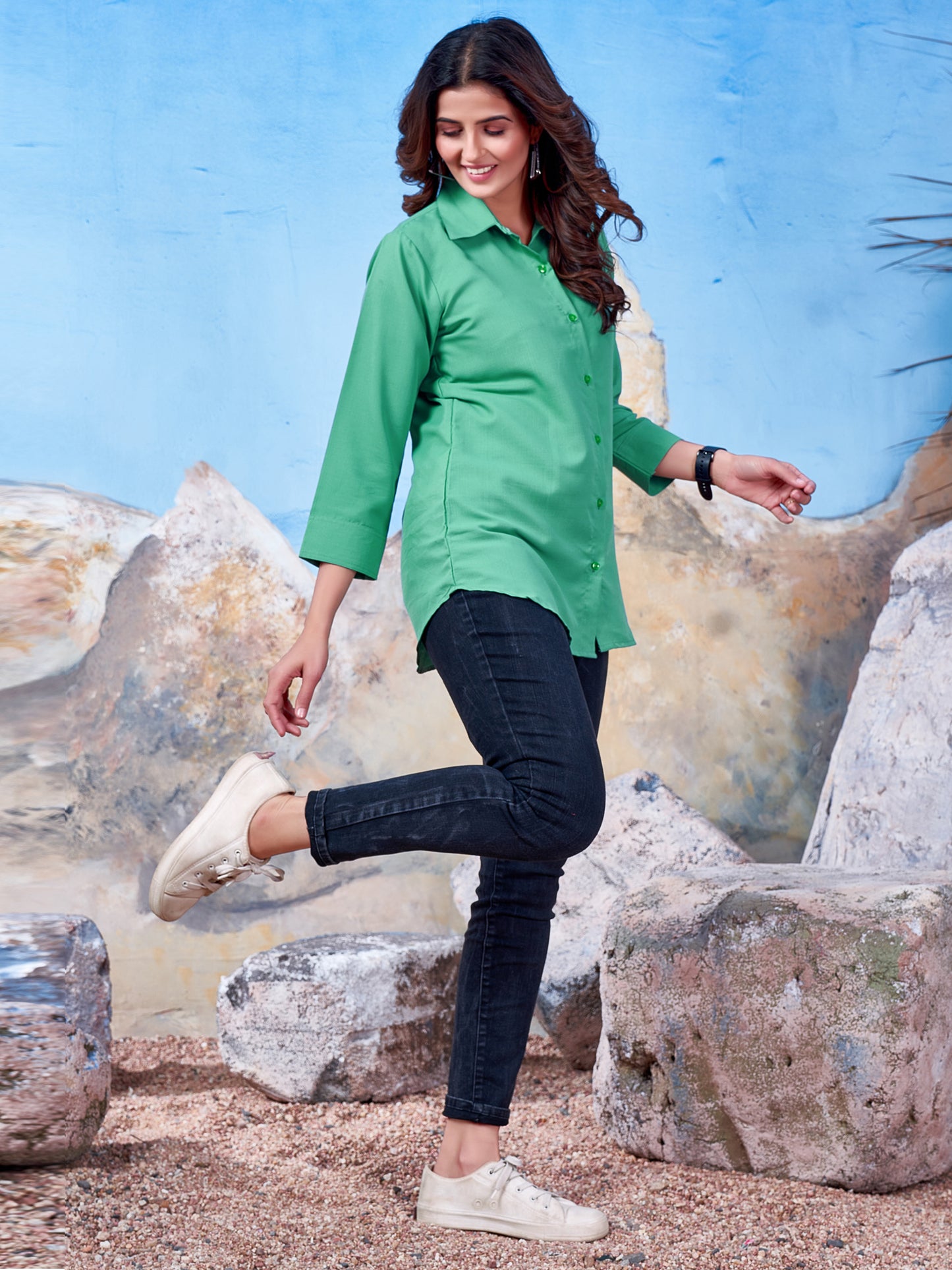 Cyan Green Solid Cotton Shirt for Women – Plain & Comfortable Everyday Wear