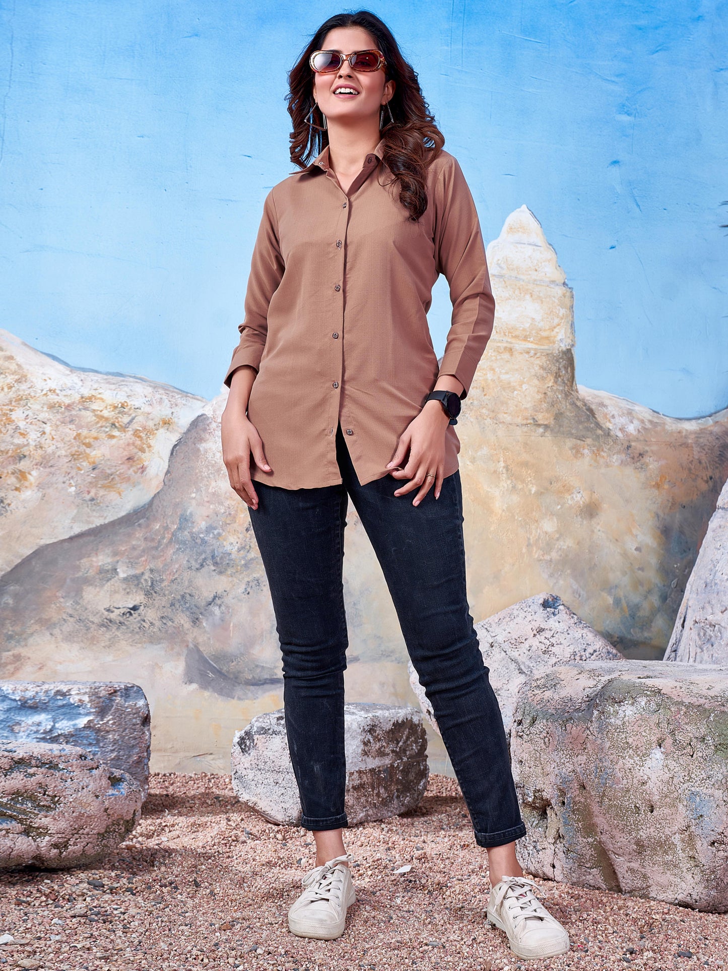 Solid Cotton Light Brown Shirt for Women – Plain & Comfortable Everyday Wear