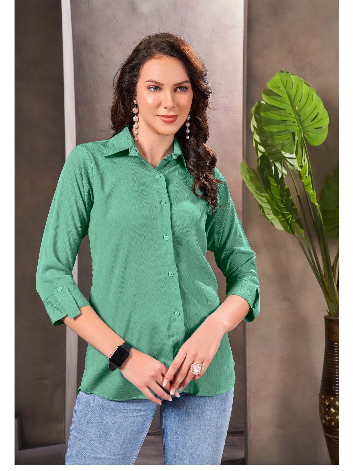 Cyan Green Cotton Shirt for Women – Formal Office Wear & Business Attire