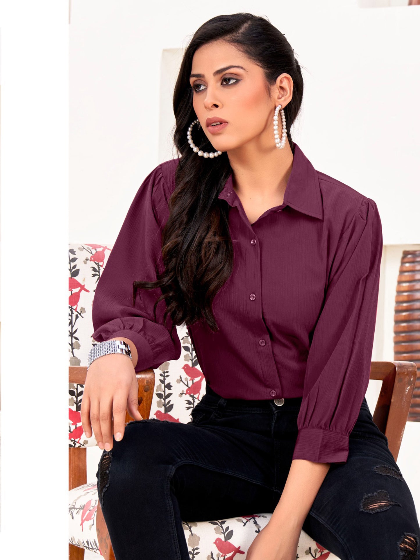 Wine Berry Office-Ready Women’s Cotton Shirt – Stylish & Breathable