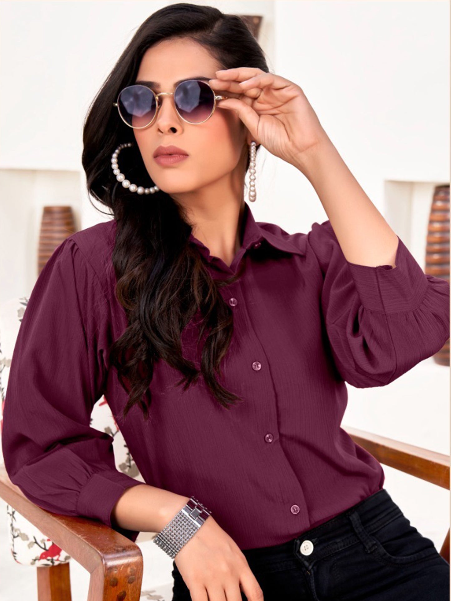 Wine Berry Office-Ready Women’s Cotton Shirt – Stylish & Breathable