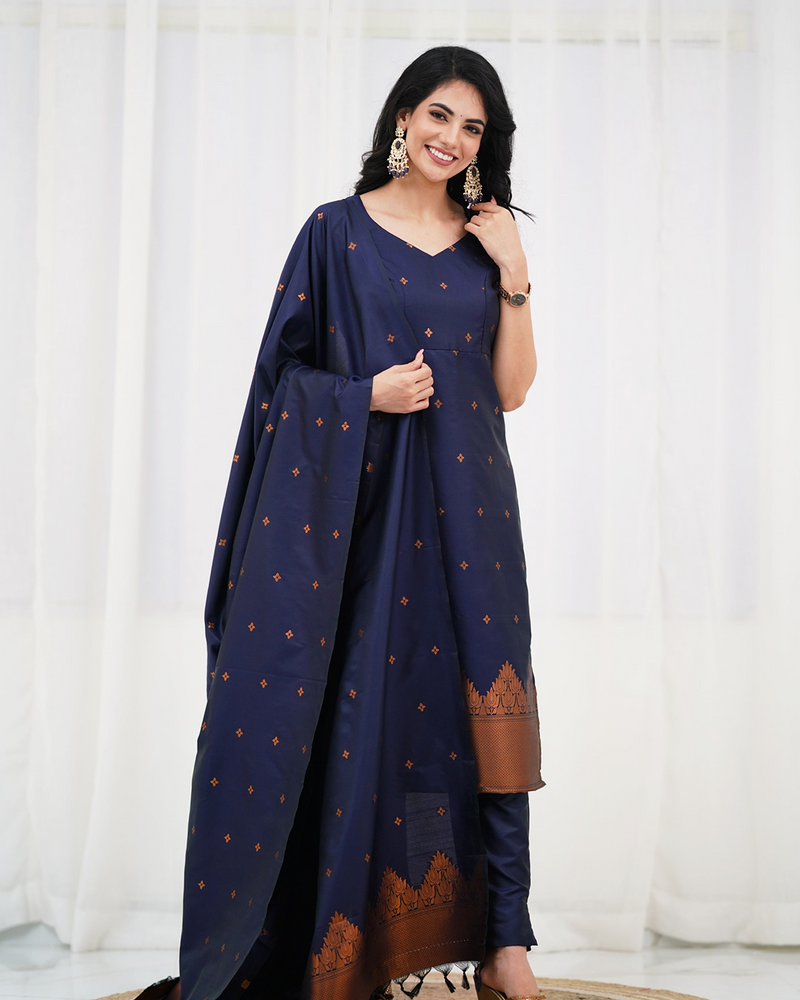 Midnight Blue Silk Kurti Set with Zari Dupatta