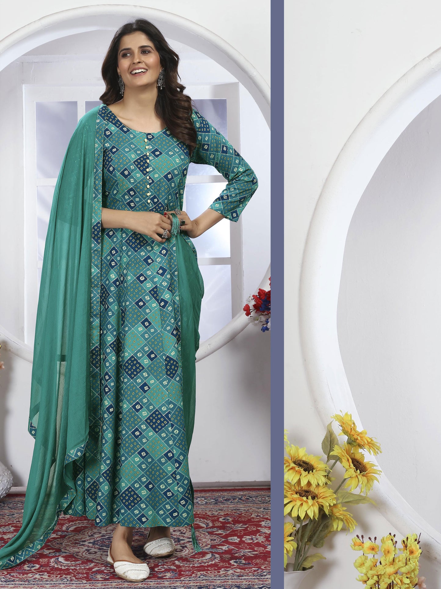Cyan Blue Bandhani Printed Long Kurti with Dupatta – Ethnic & Elegant Look