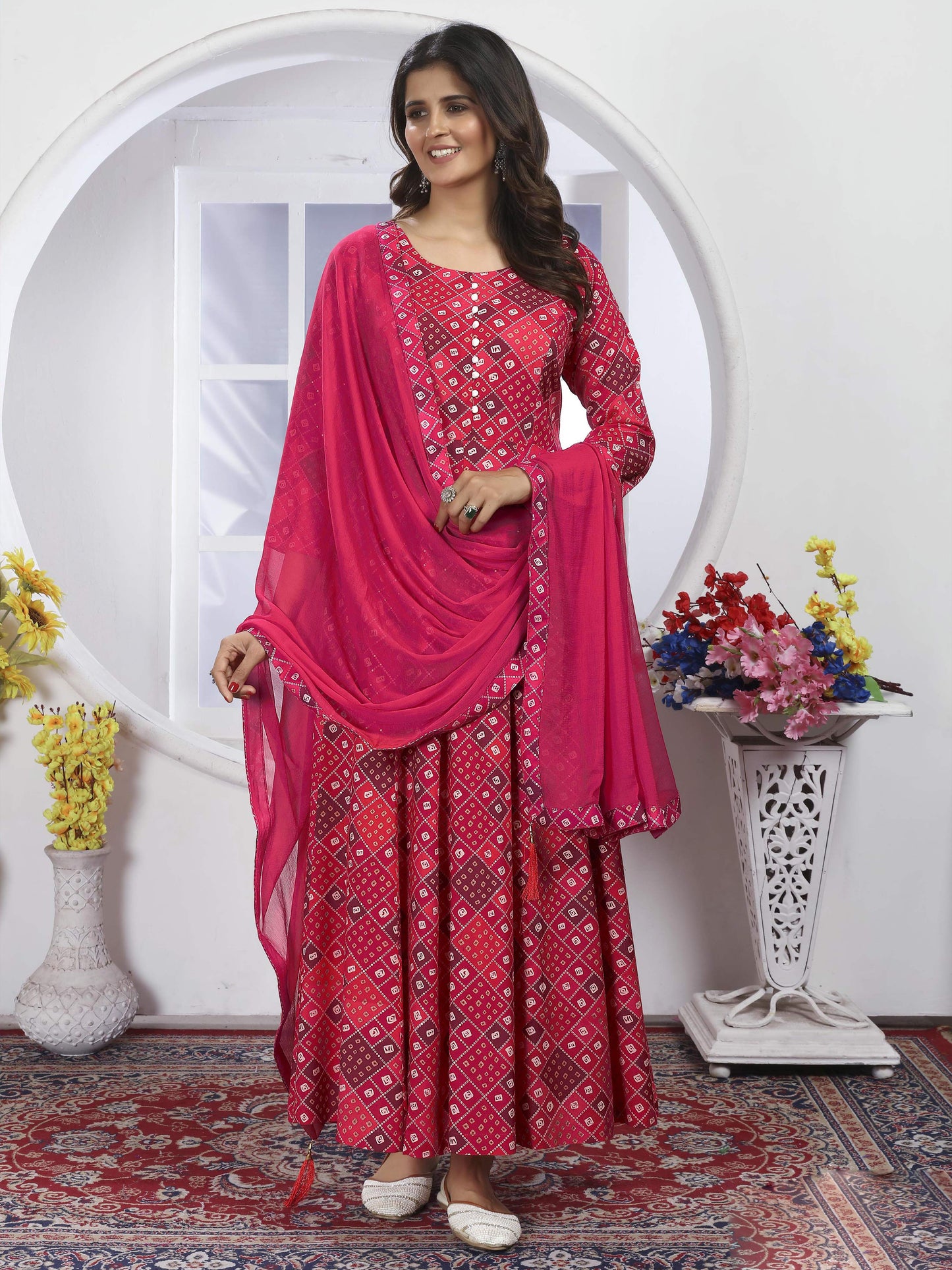 Pink Bandhani Printed Long Kurti with Dupatta – Ethnic & Elegant Look
