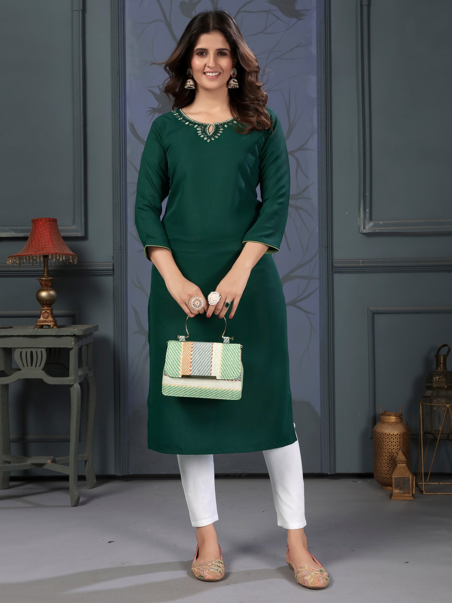 Daily Casual Wear Green Cotton Handwork Embroidery Kurta for Women
