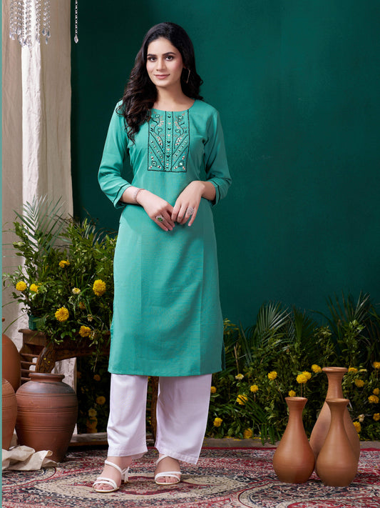 Cyan Stylish Cotton Mirror Work Kurta for Women Daily Wear Ethnic Outfit