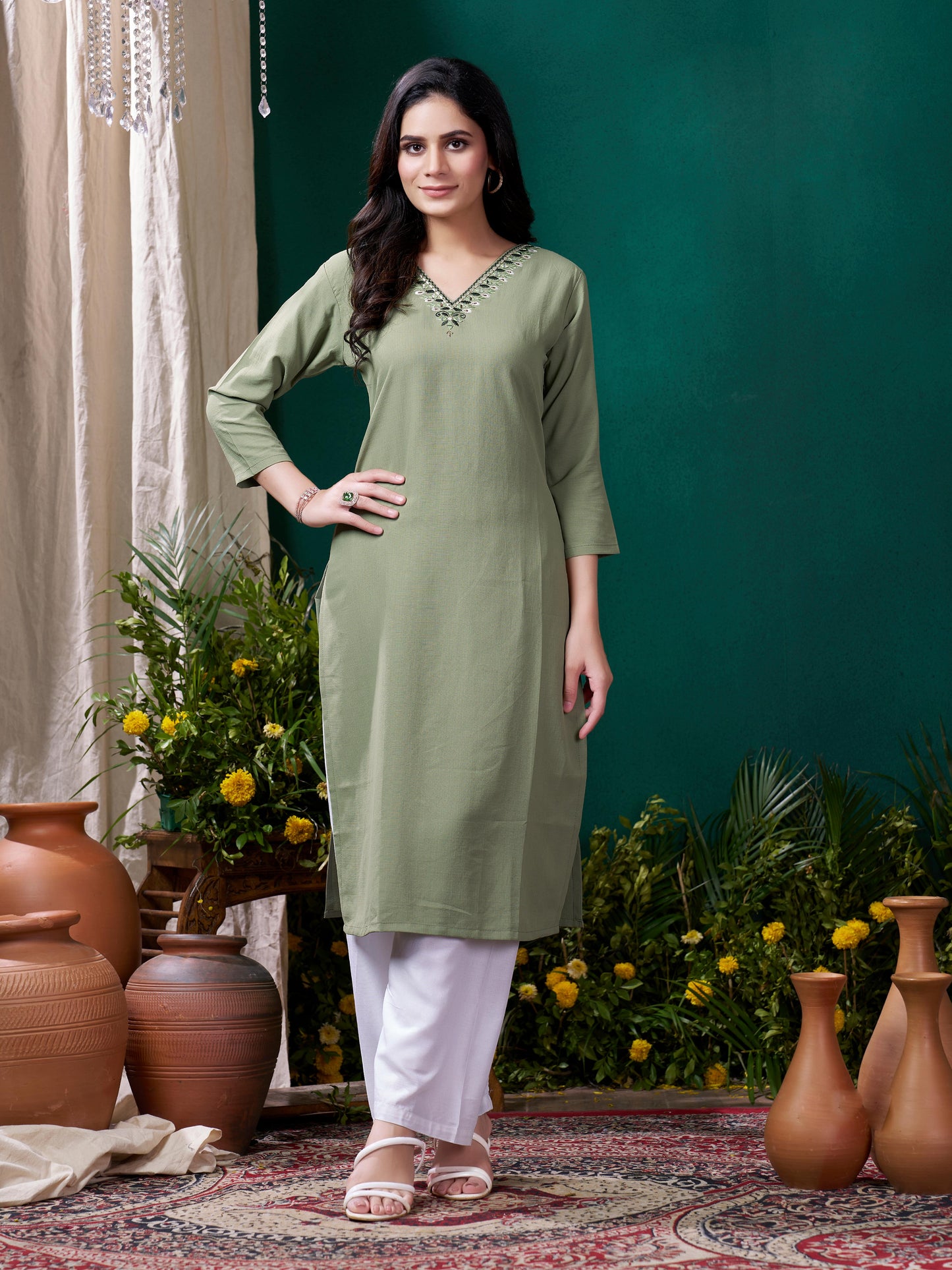 Olive Green Cotton Mirror Embellished Kurta Set for Women β Stylish Daily Wear Ethnic Outfit
