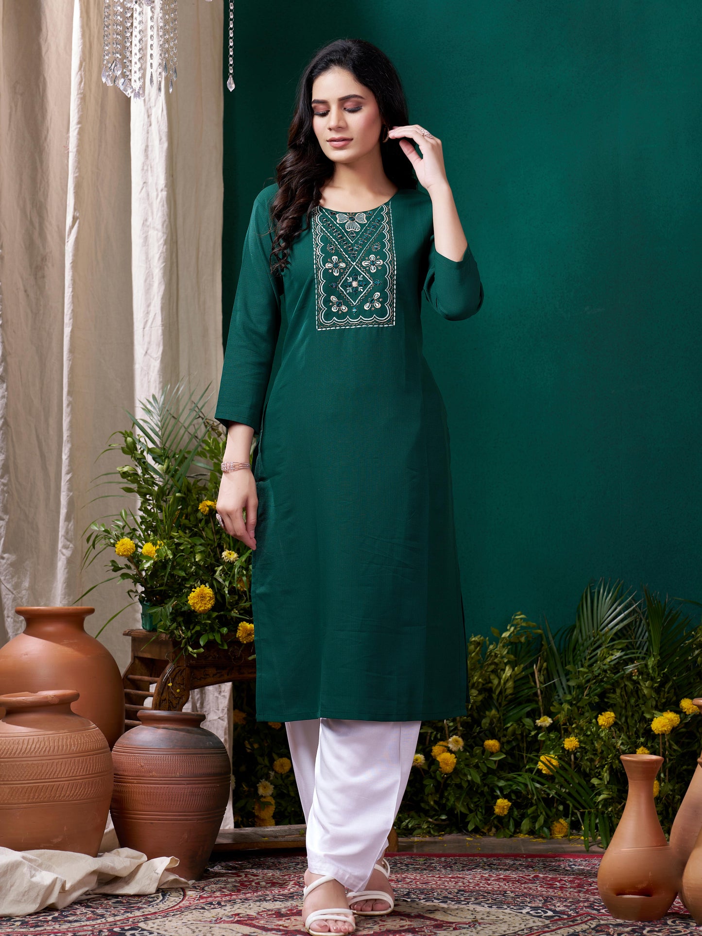 Green Stylish Cotton Mirror Work Kurta for Women Daily Wear Ethnic Outfit