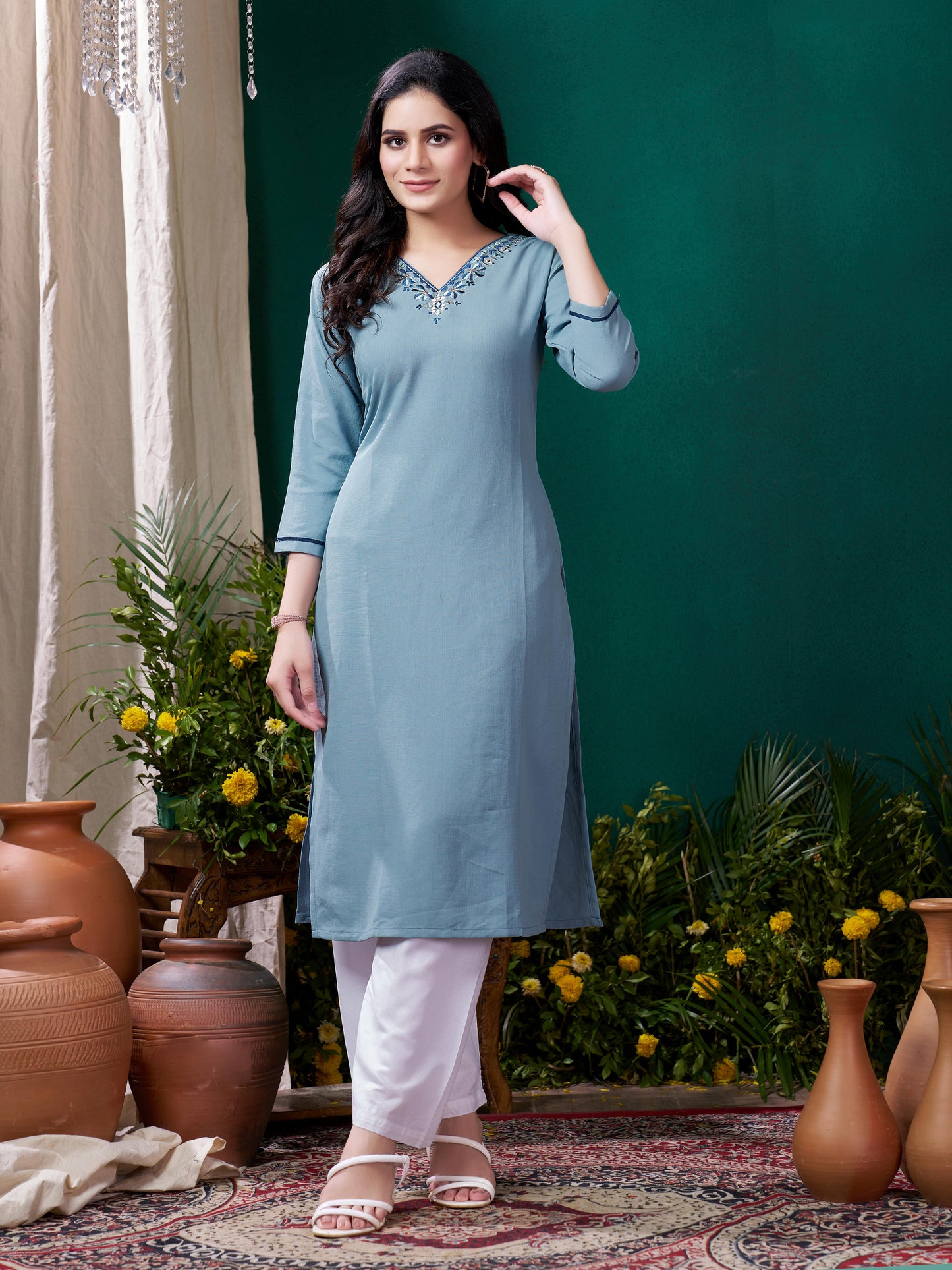 Blue Stylish Cotton Mirror Work Kurta for Women Daily Wear Ethnic Outfit