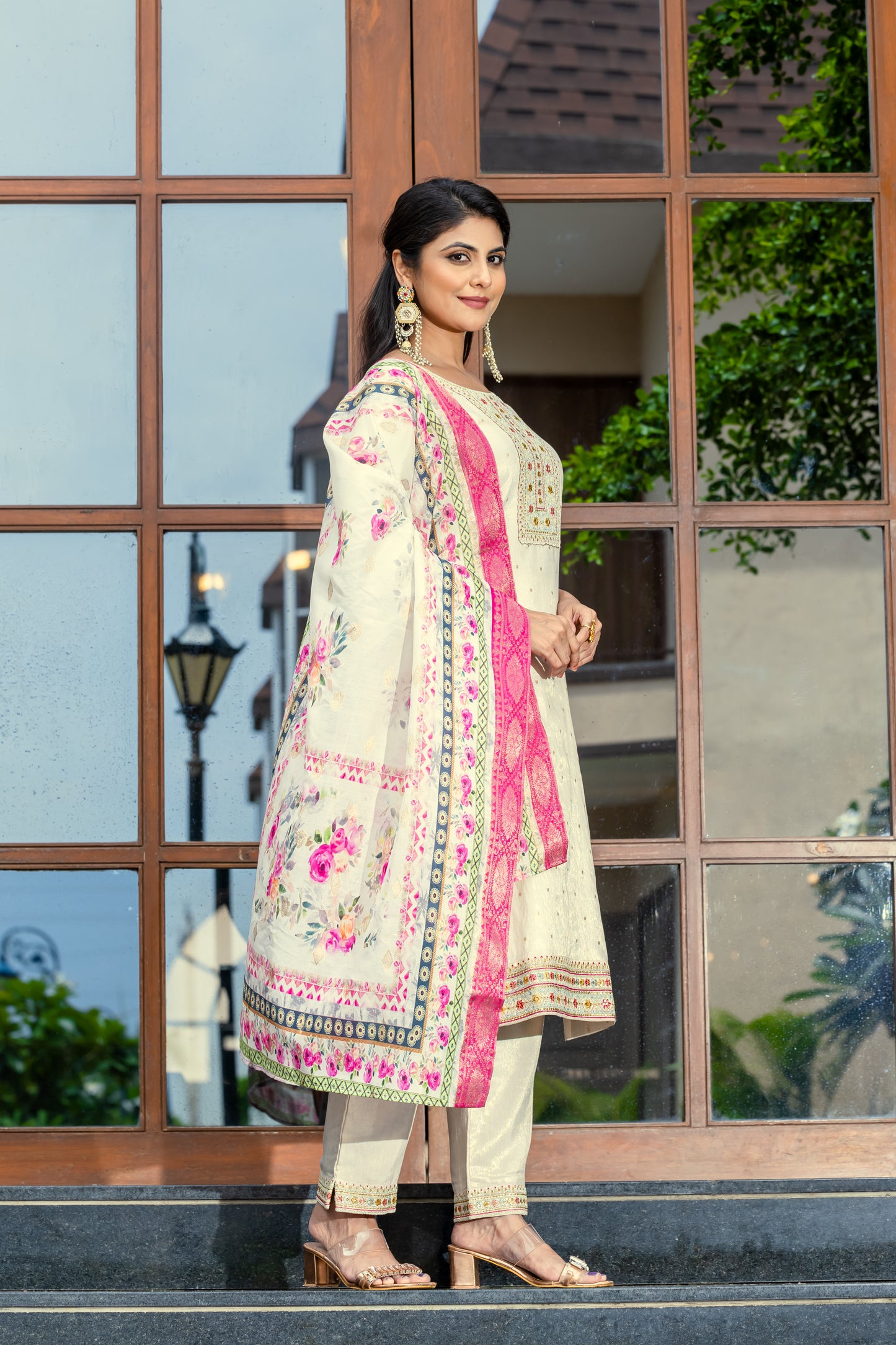 Elegant Cream Embroidery Kurta Pant Set