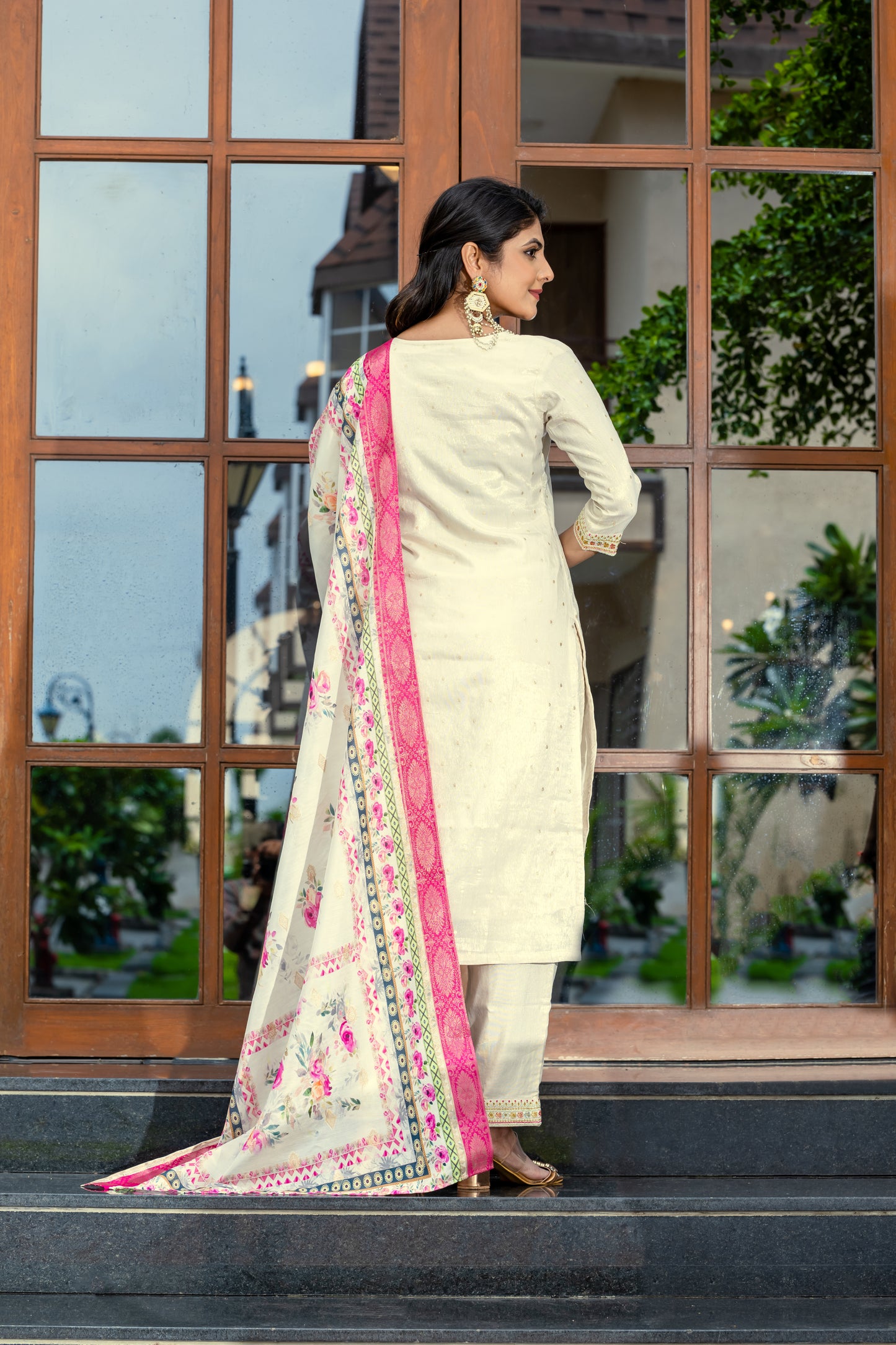 Elegant Cream Embroidery Kurta Pant Set