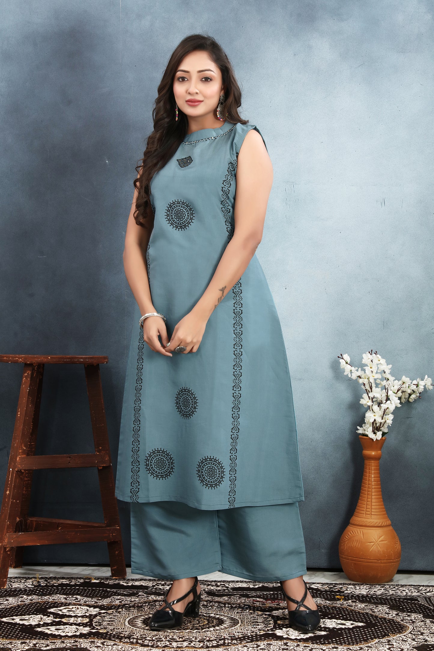 Light Blue Sequined Block Print Kurta Palazzo Set