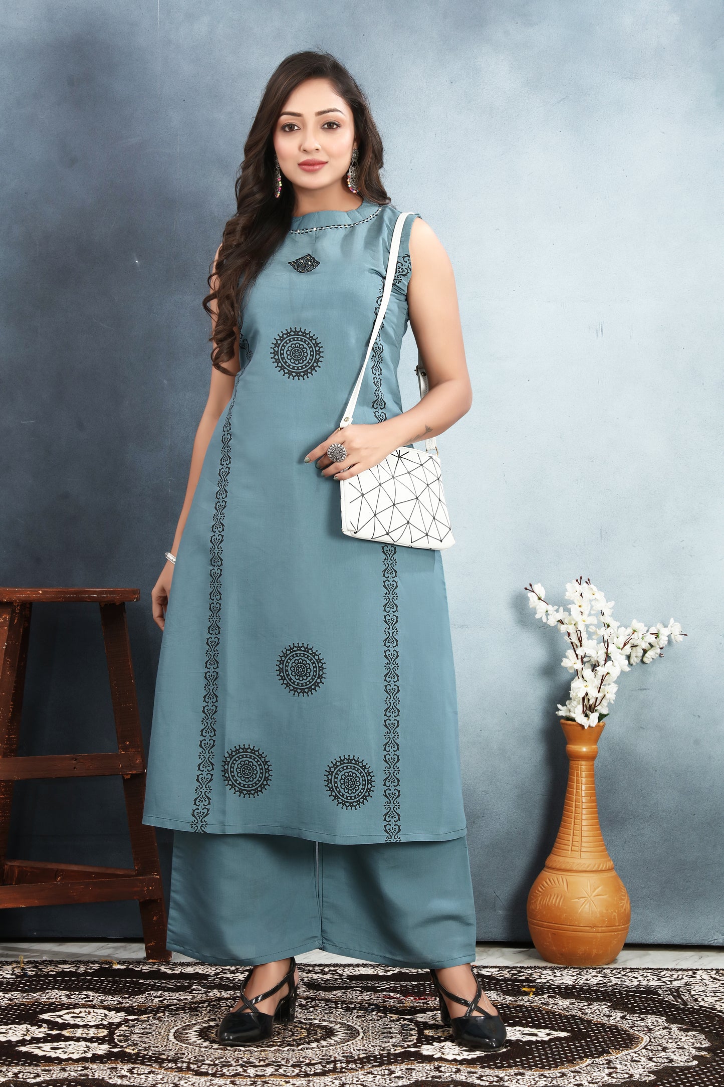 Light Blue Sequined Block Print Kurta Palazzo Set