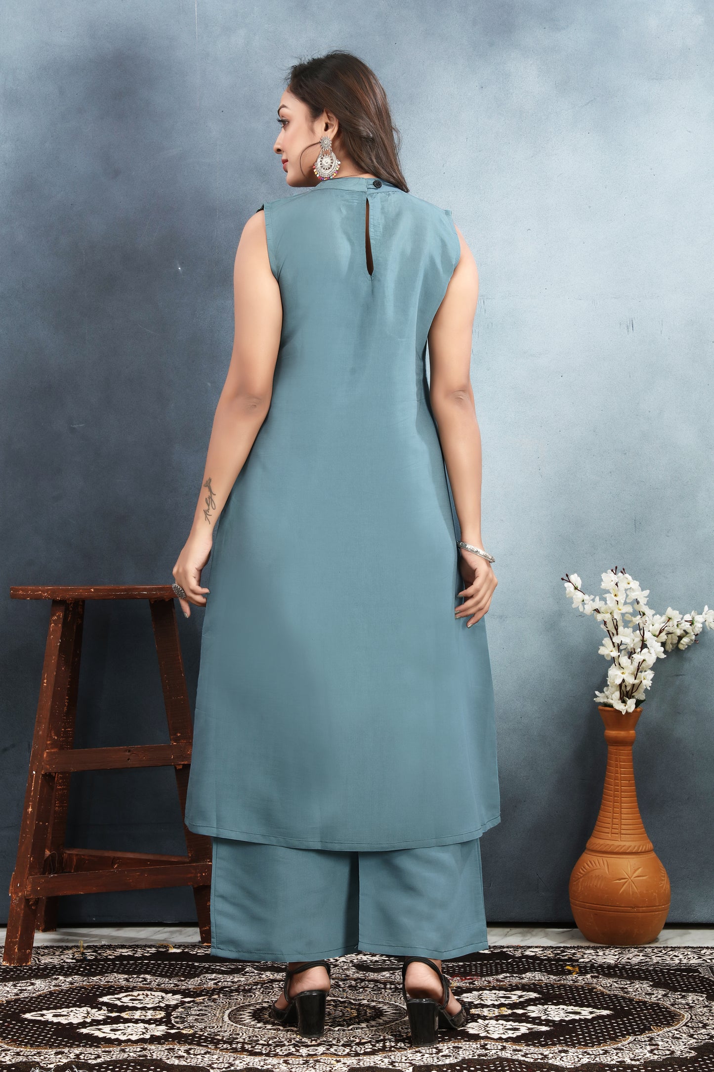 Light Blue Sequined Block Print Kurta Palazzo Set