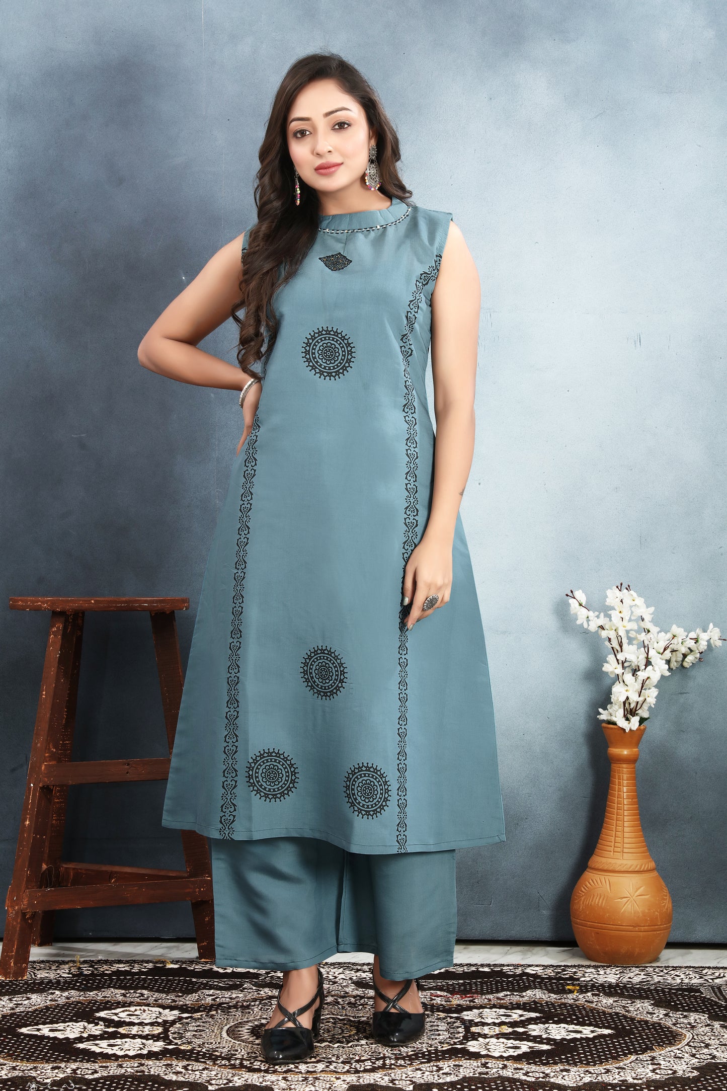 Light Blue Sequined Block Print Kurta Palazzo Set