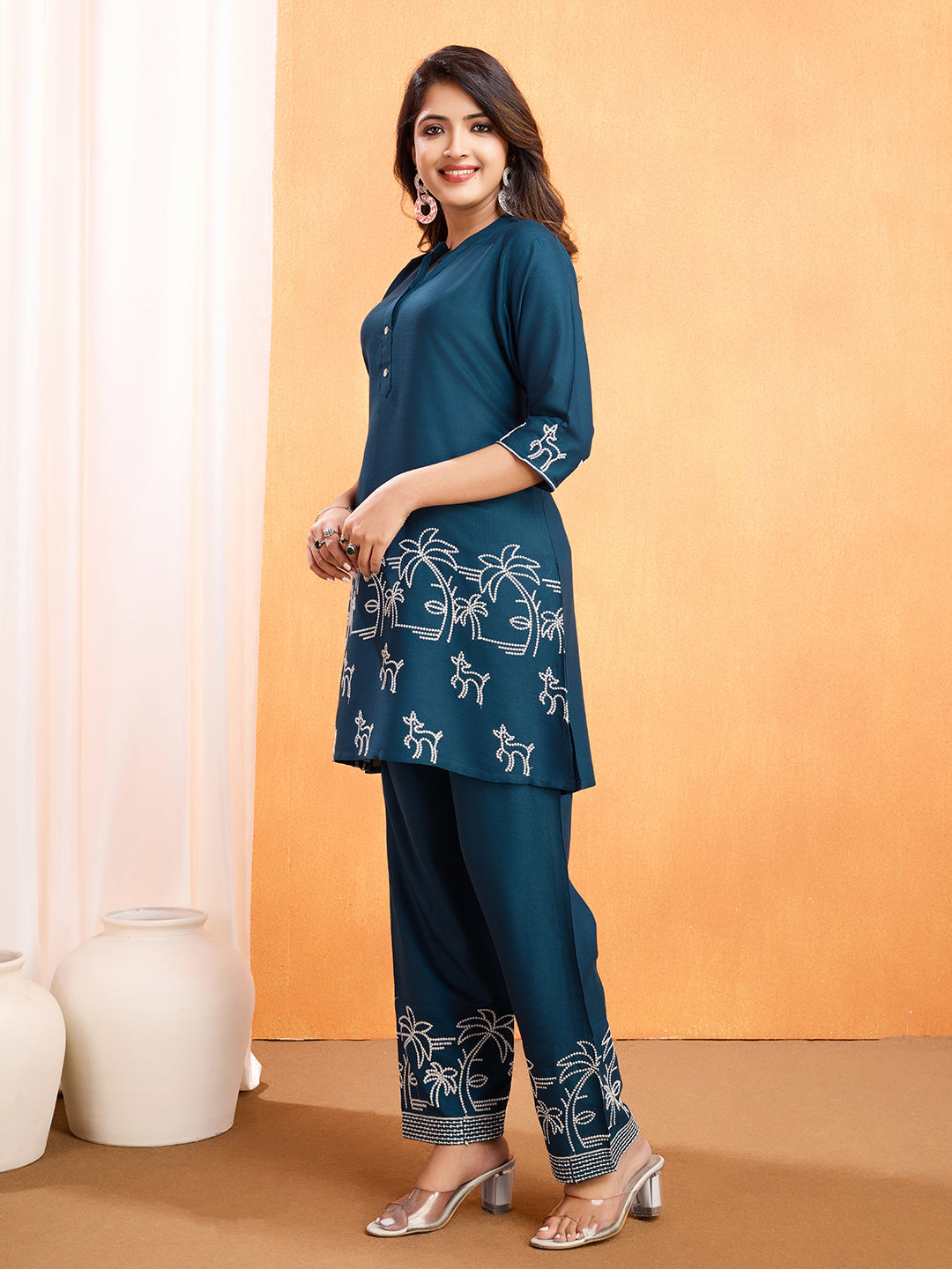 Cyan Blue Embroidery Work Co-Ord Set