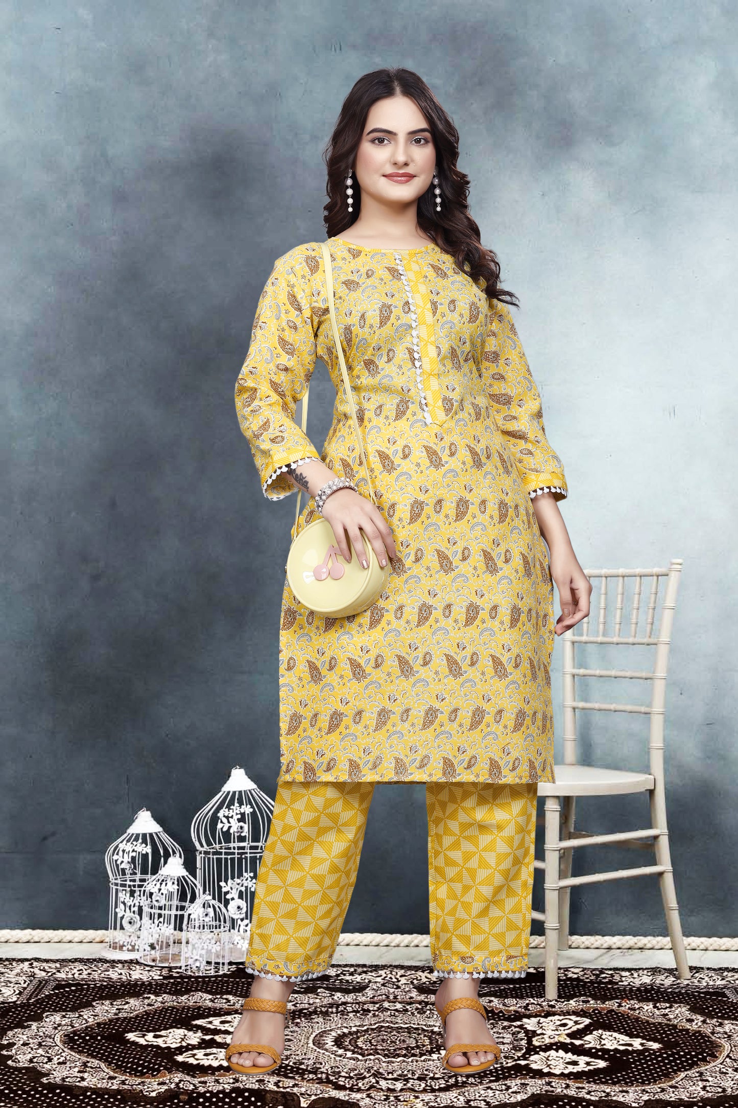 Mustard Yellow Floral Print Kurta Pant Set in Cotton