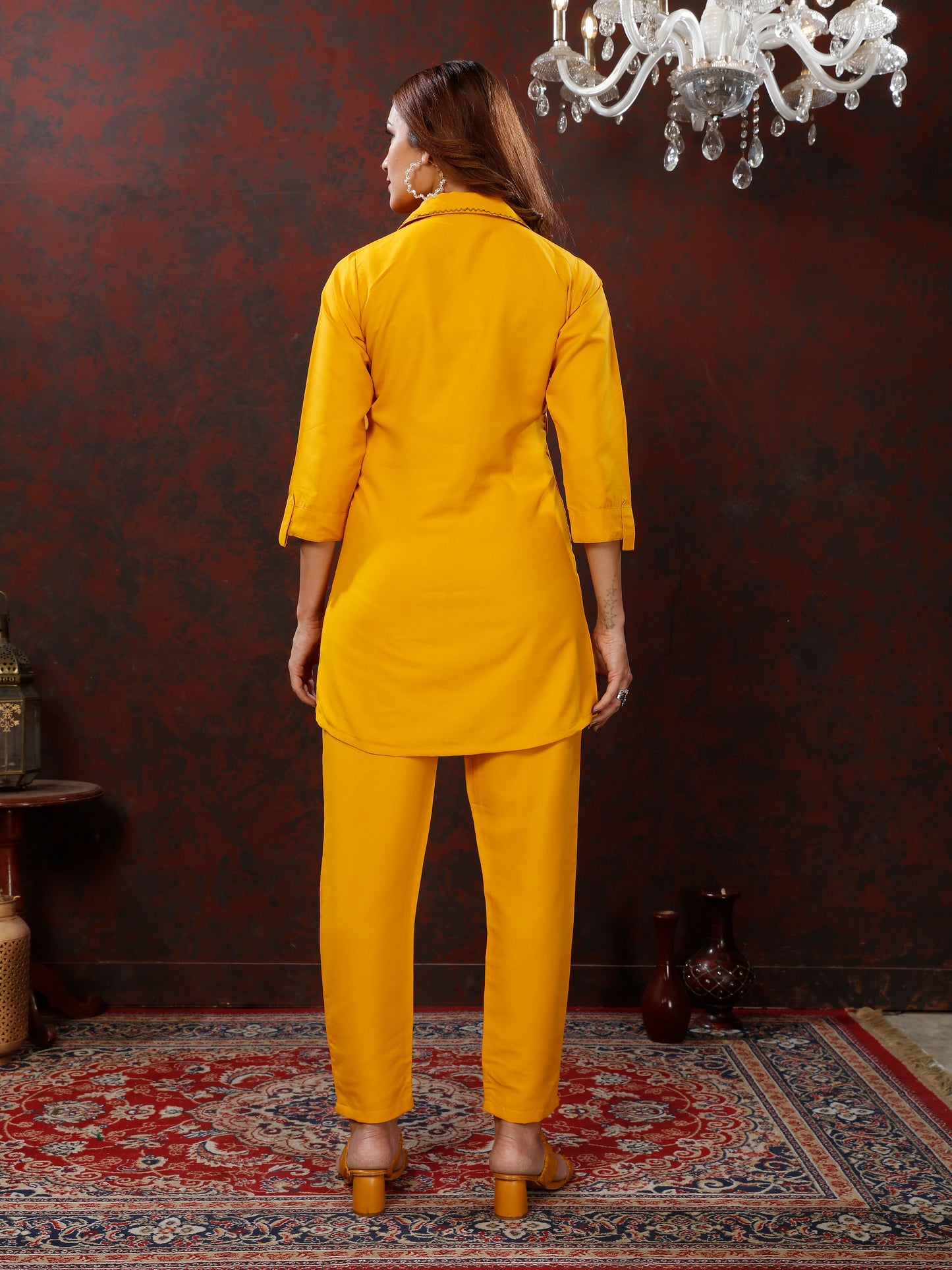 Yellow Handwork Mirror Embellished Co-ord Set – Stylish Casual Office Wear for Women