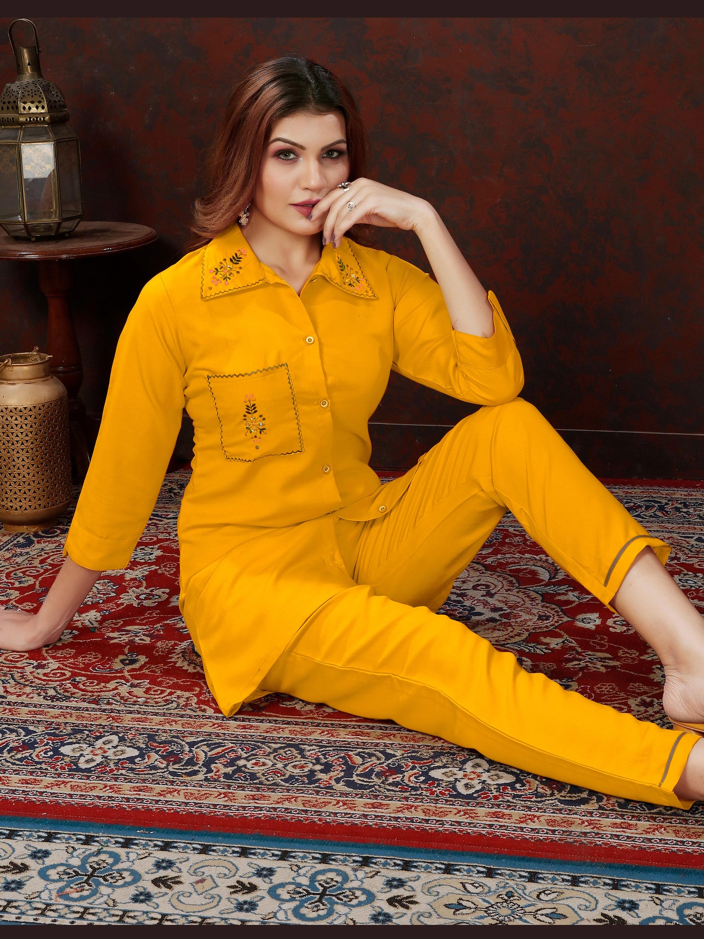 Yellow Handwork Mirror Embellished Co-ord Set – Stylish Casual Office Wear for Women